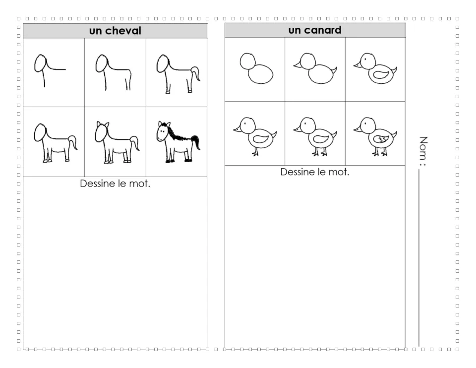 Un cheval and un canard: six sketches build a horse and a duck in stages; students then draw each French word below