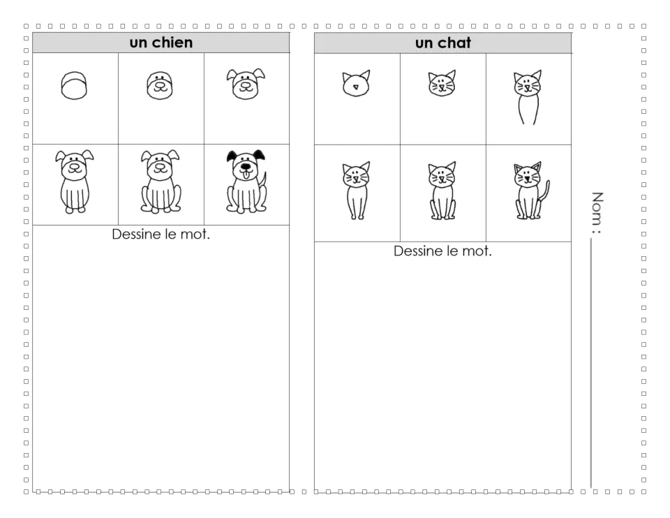 Un chien and un chat: students follow six stages to draw a sitting dog and a cat, practising French pet vocabulary