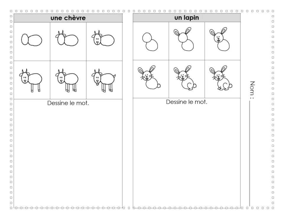 Une chèvre and un lapin: guided sketches show how to draw a goat and a rabbit in six stages before students draw their own