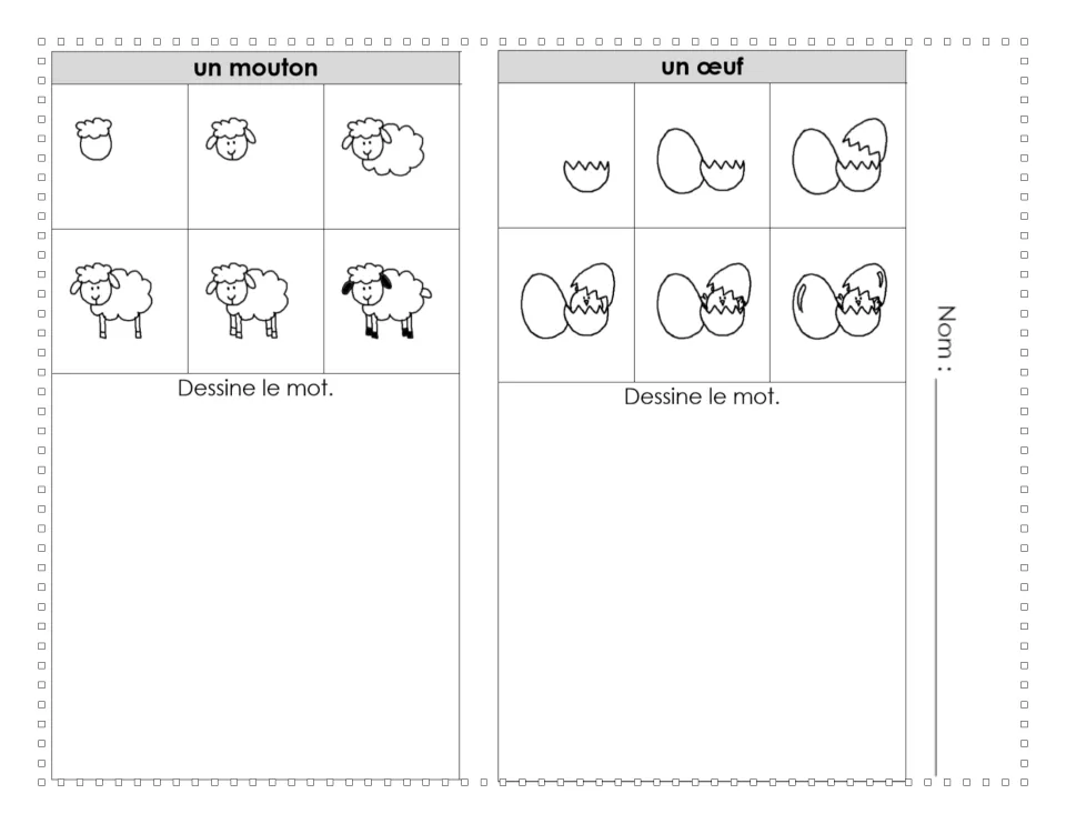 Un mouton and un œuf: students draw a sheep and a hatching egg by copying six sequenced sketches for each French word