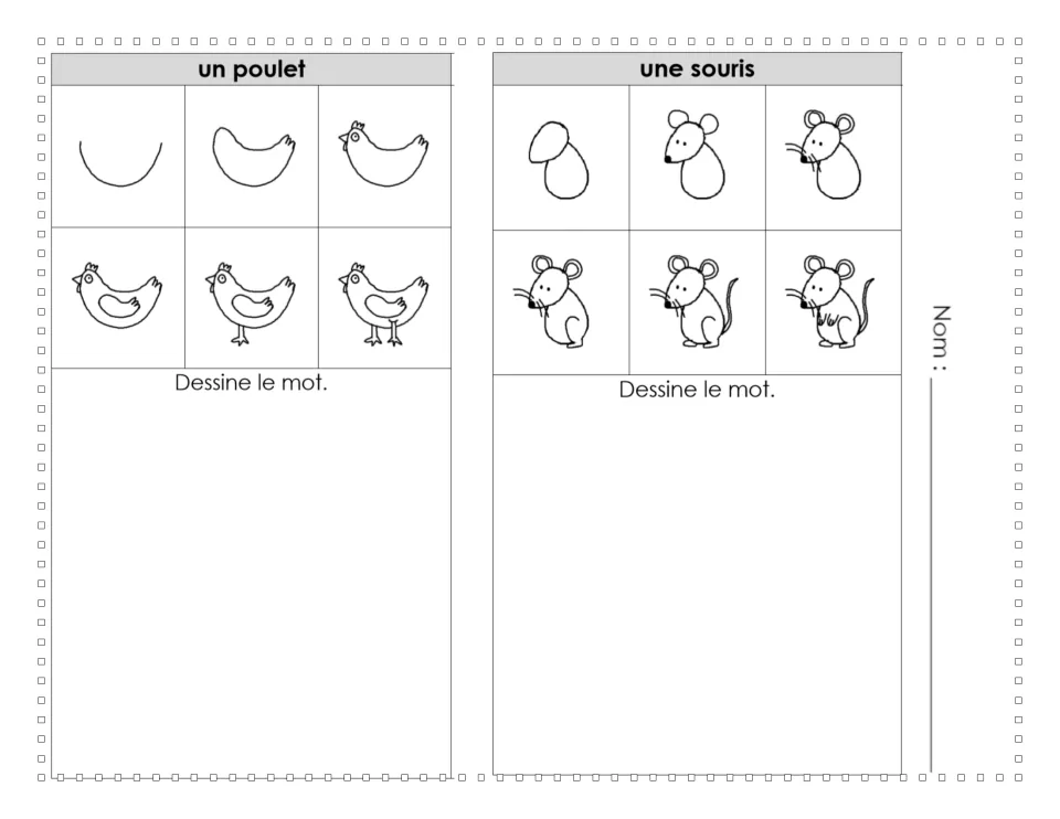 Un poulet and une souris: six stages each guide students to draw a hen and a mouse, then sketch each French noun