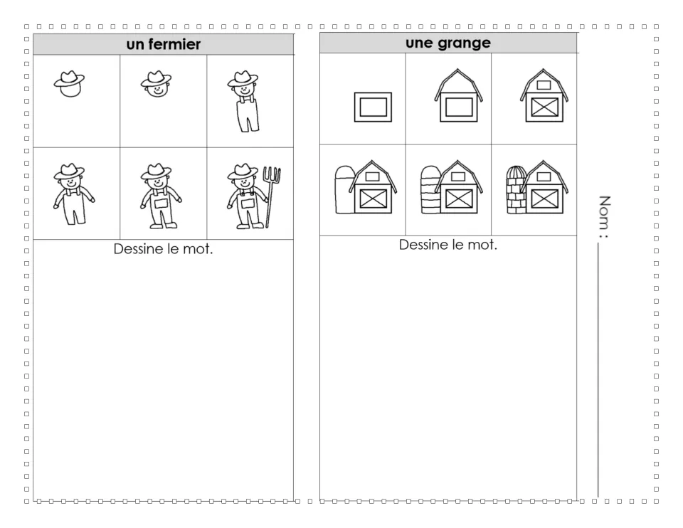 Un fermier and une grange: students build a farmer with a pitchfork and a barn with a silo in six stages each