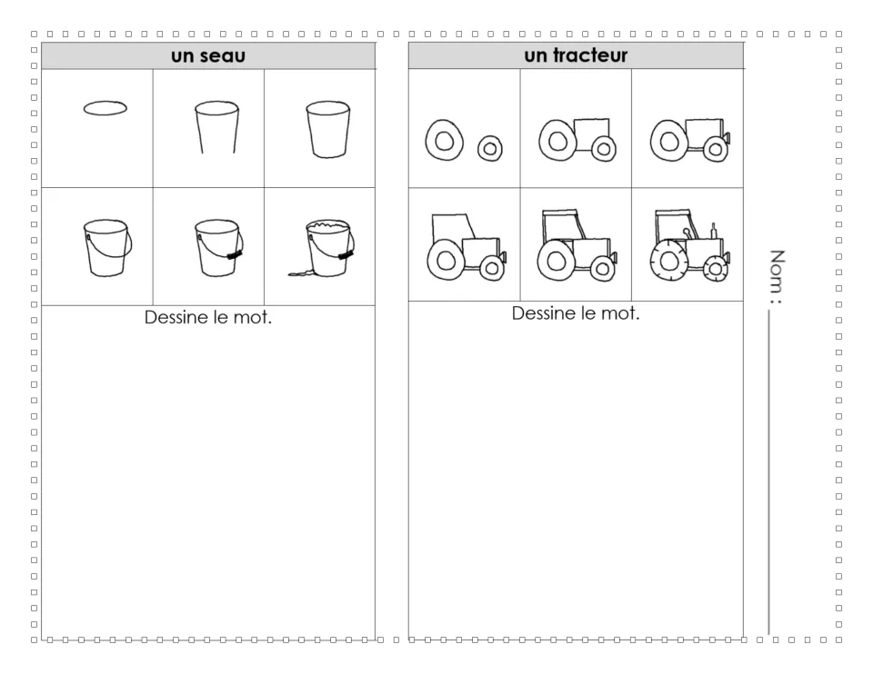 Un seau and un tracteur: six sequenced sketches show how to draw a bucket and a farm tractor before students draw each word