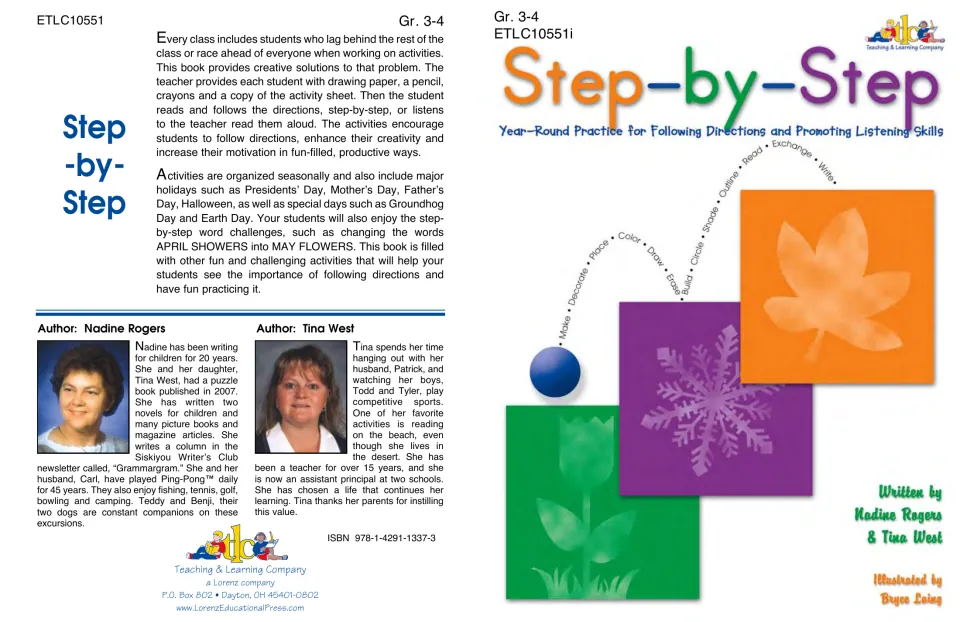 Step-by-Step cover for following directions and listening, Gr. 3-4, with seasonal art, book summary and author bios