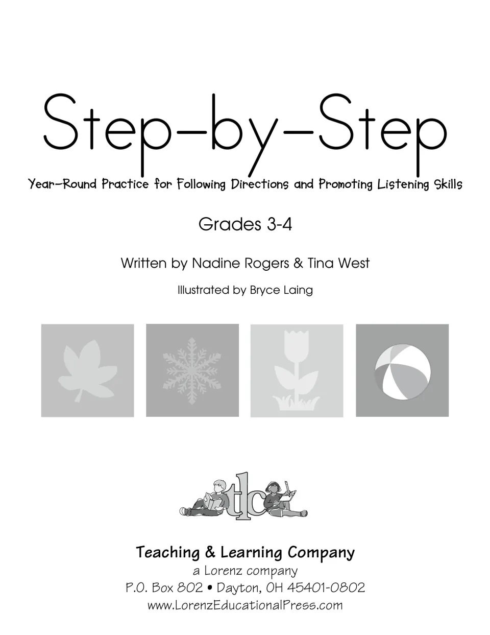 Title page for Grades 3-4 year-round practice in following directions, by Nadine Rogers and Tina West, with season icons