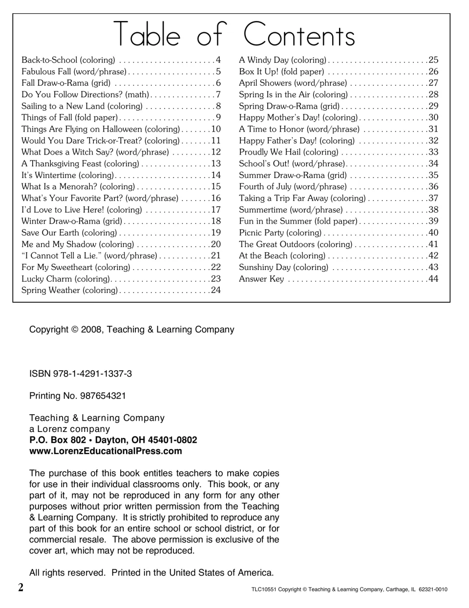 Table of contents listing seasonal coloring, word/phrase, grid and fold-paper activities, plus a copyright notice