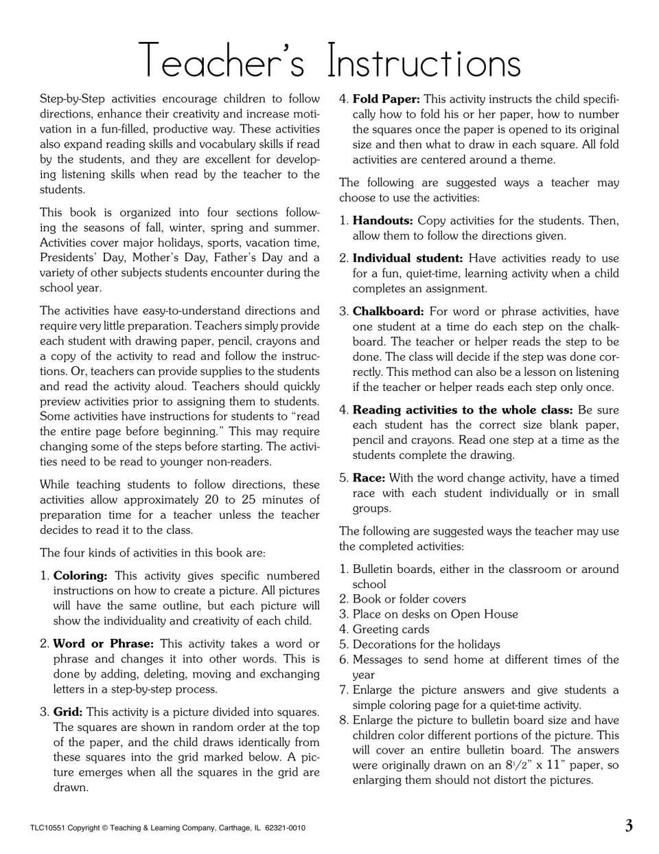 Teacher's instructions explaining the four activity types and ways to use them as handouts, chalkboard tasks or read-alouds
