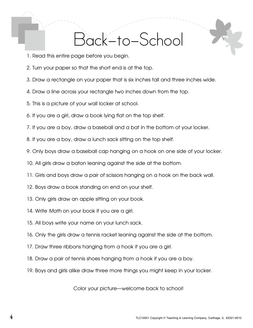 Back-to-School: students follow 19 numbered steps to draw a school locker, with some steps only for girls or only for boys