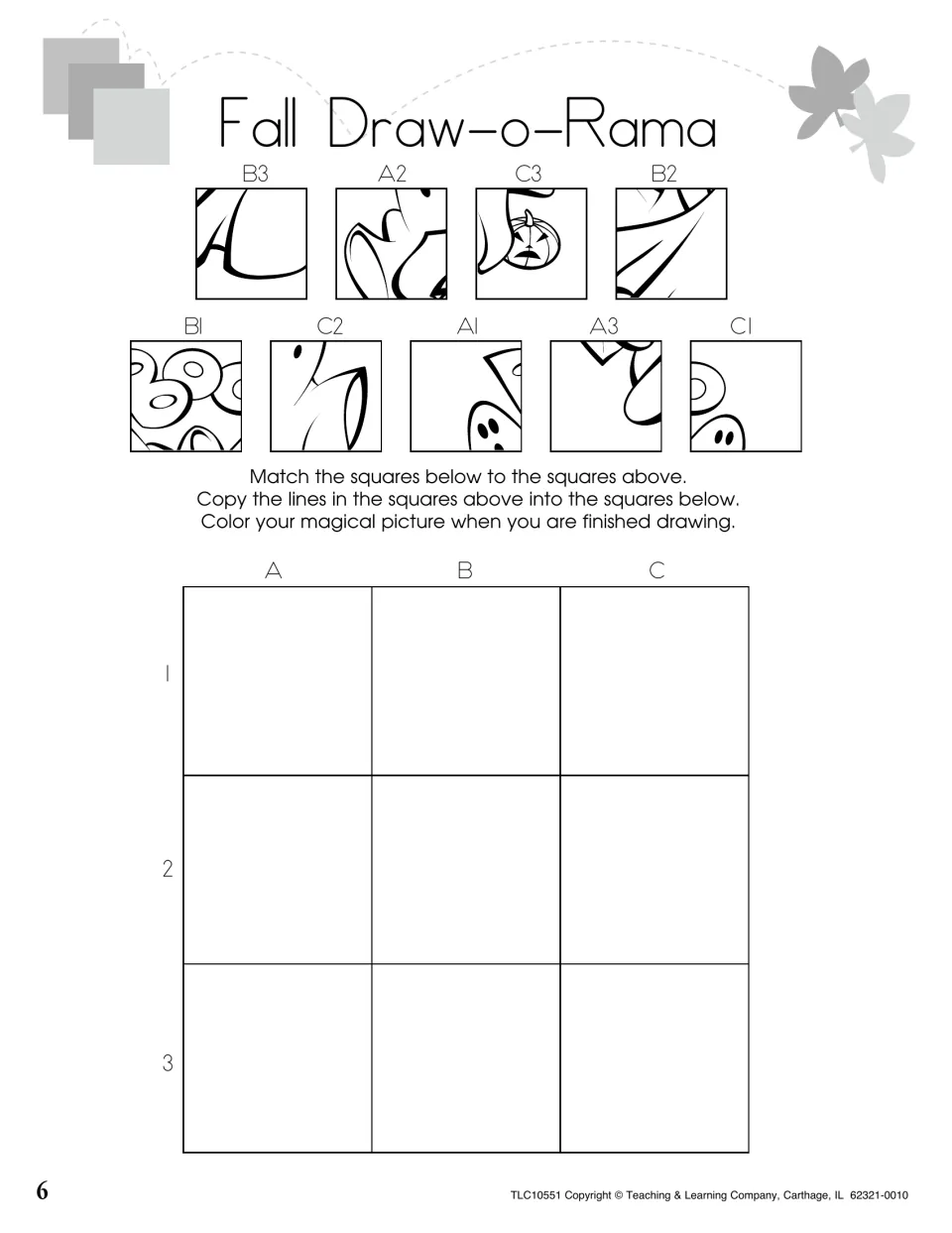 Fall Draw-o-Rama: students copy nine lettered and numbered picture squares into the matching A-C, 1-3 spots, then color it
