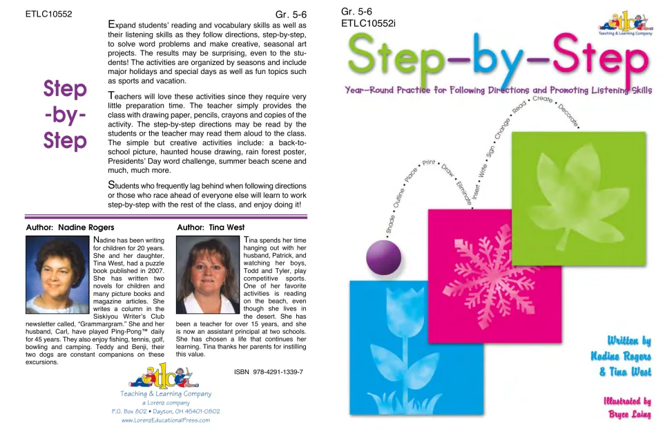 Step-by-Step cover spread: seasonal leaf, snowflake and tulip art, back-cover summary and author bios of Rogers and West