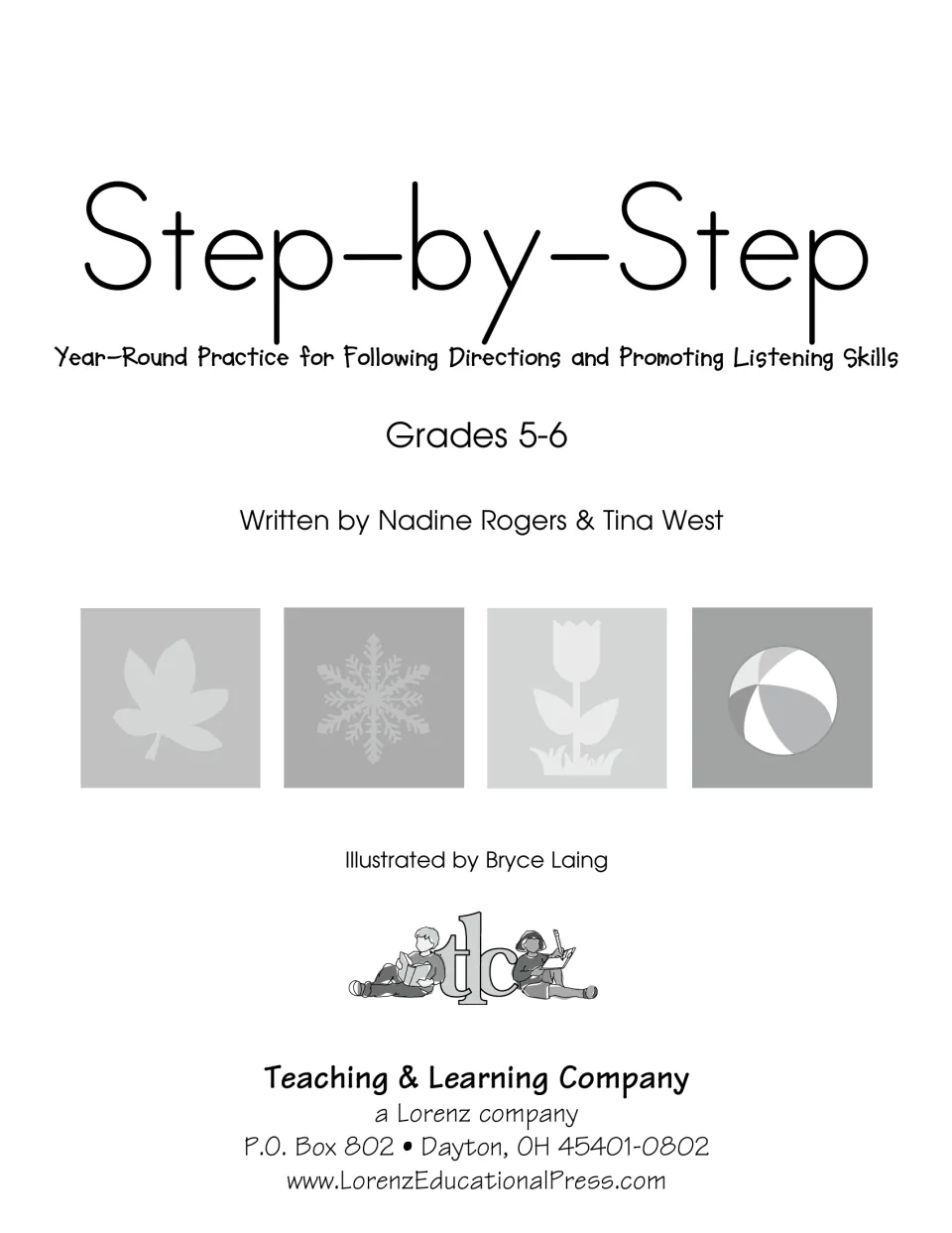 Title page for Step-by-Step, Grades 5-6, by Nadine Rogers and Tina West, with leaf, snowflake, tulip and beach ball icons