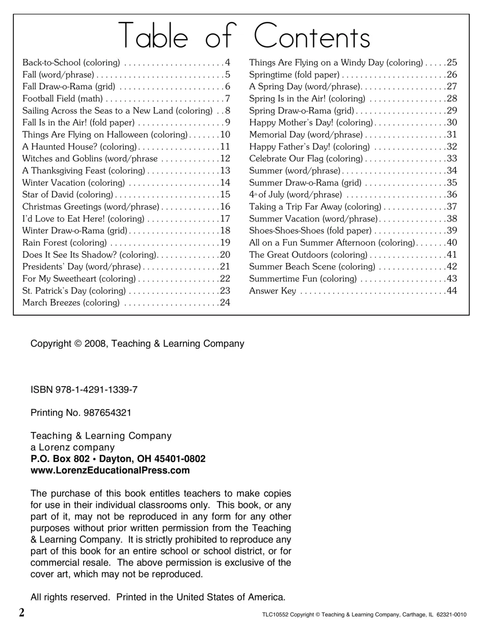 Table of contents listing 40 seasonal activities by type (coloring, word/phrase, grid, fold paper) plus copyright notice