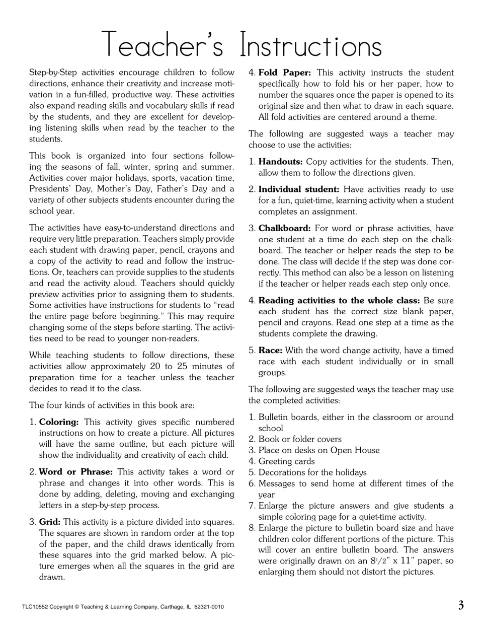 Teacher's instructions explaining the four activity types and ways to use them: handouts, chalkboard, read-aloud and race