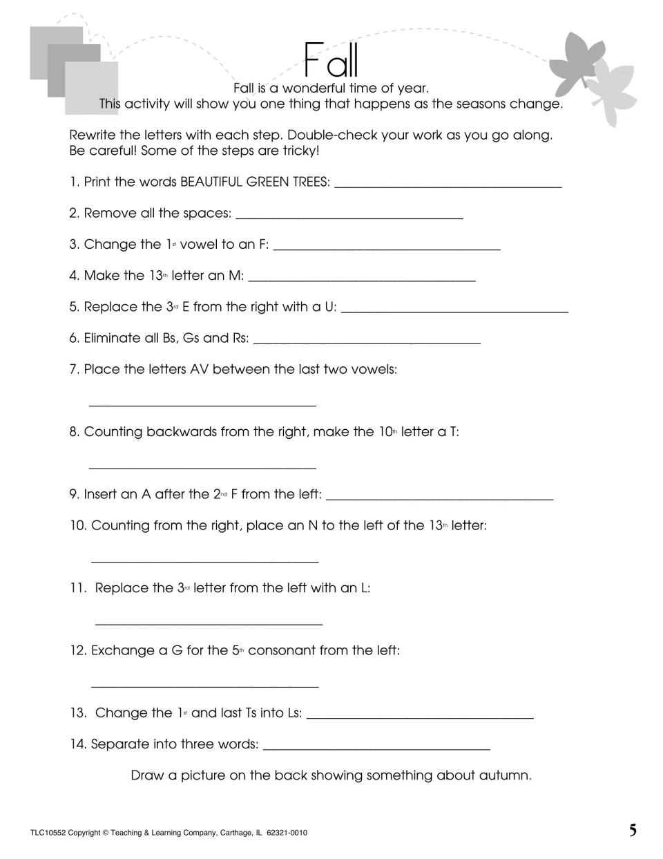 Fall word puzzle: students change BEAUTIFUL GREEN TREES letter by letter over 14 steps to reveal a seasonal phrase