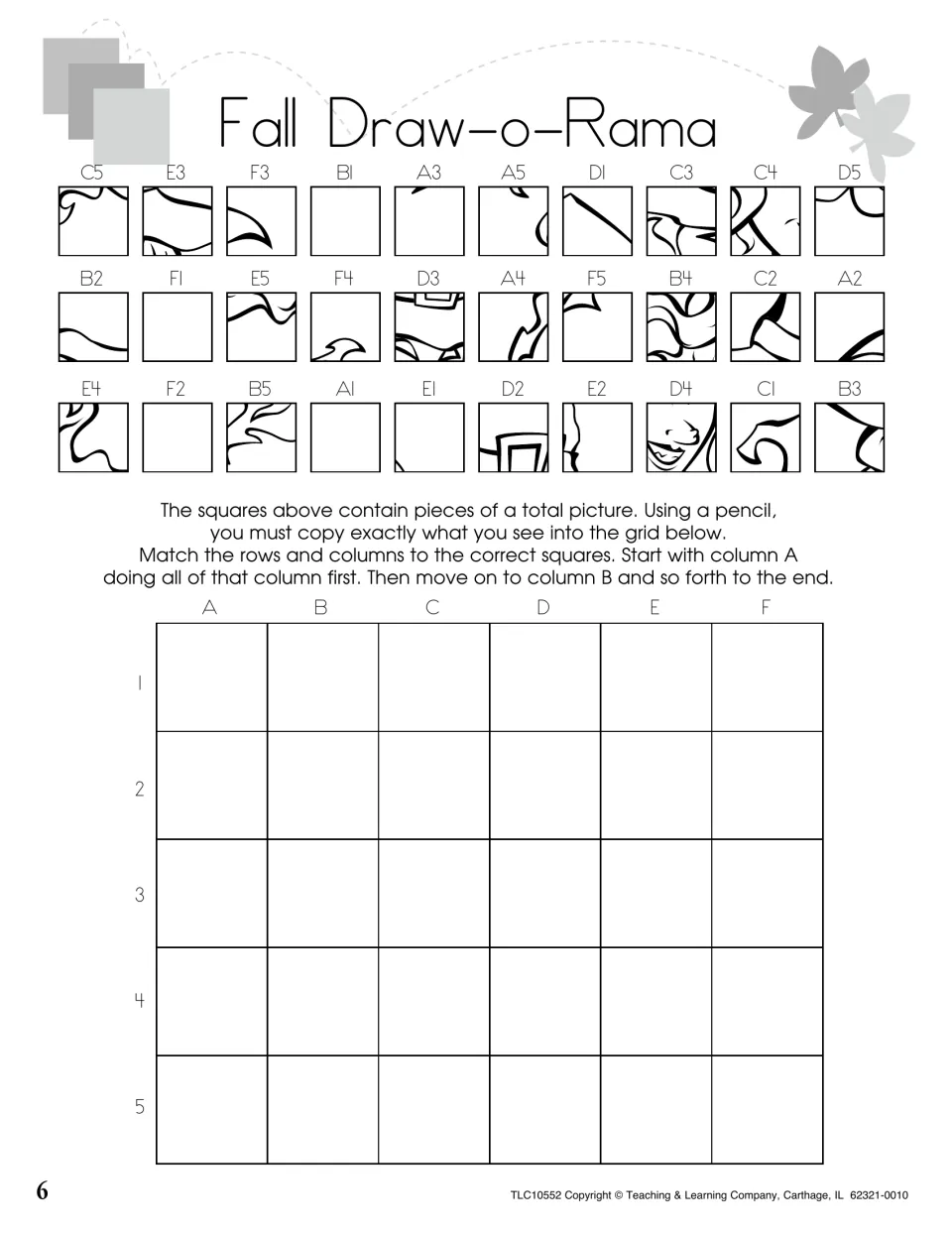 Fall Draw-o-Rama: students copy 30 picture squares into matching cells A1 to F5, column by column, to reveal a picture