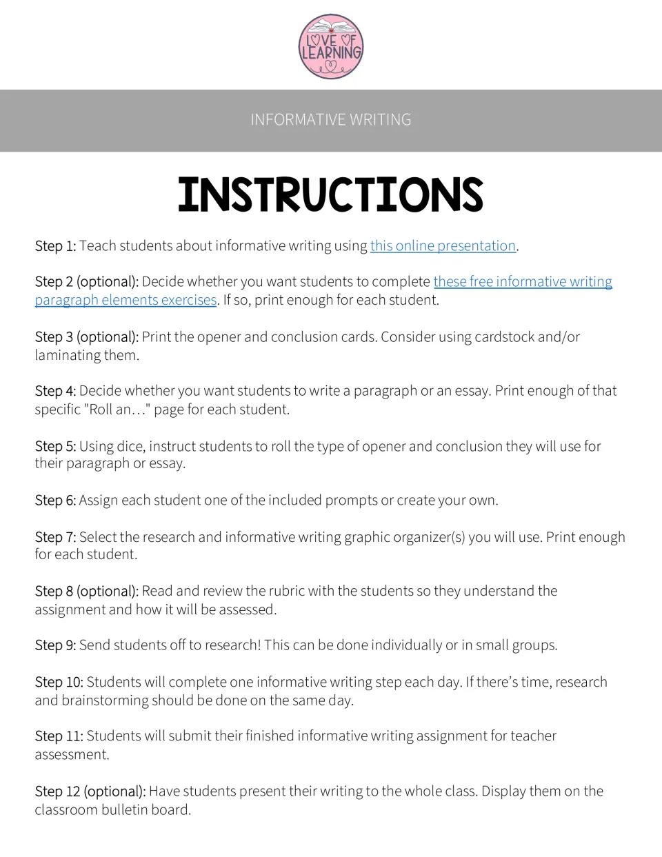 Teacher instructions give 12 steps for informative writing, from a presentation to assessment and sharing