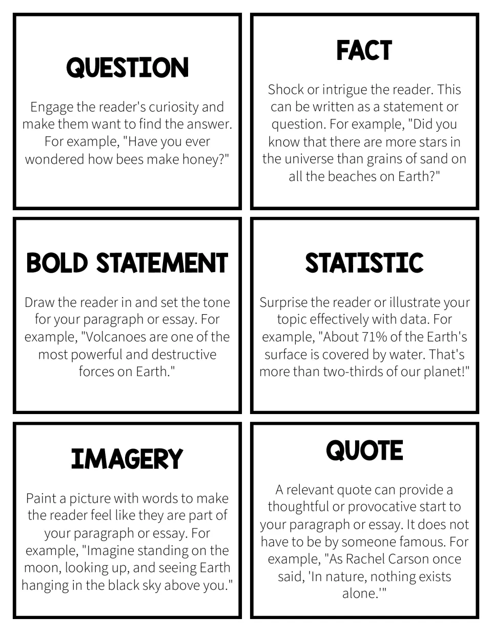 Six informative writing opener cards: question, fact, bold statement, statistic, imagery, and quote