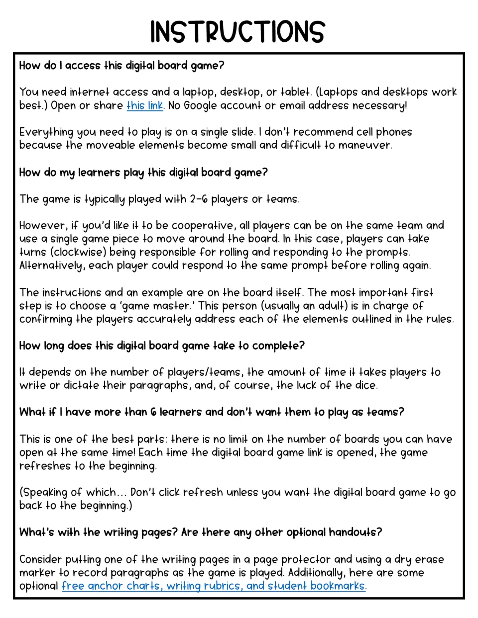 Instructions FAQ for the digital board game: device access, 2 to 6 players or teams, a game master role and writing pages
