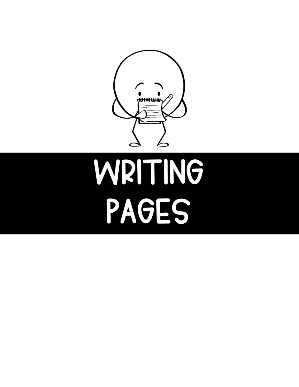 Writing Pages section divider with a cartoon character holding a notepad and pencil, introducing the handouts that follow