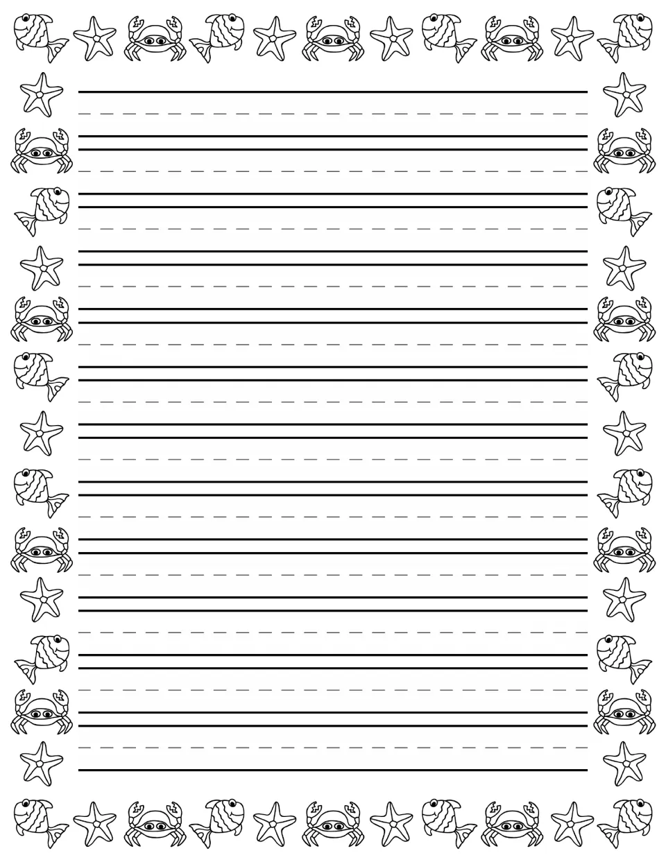 Ocean-themed primary handwriting paper with fish, crabs and starfish for writing opinion paragraphs during the game