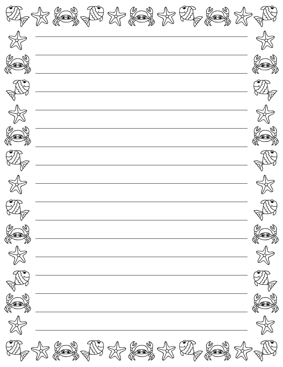 Ocean-themed wide-ruled writing paper with fish, crabs and starfish for students to write opinion paragraphs as they play