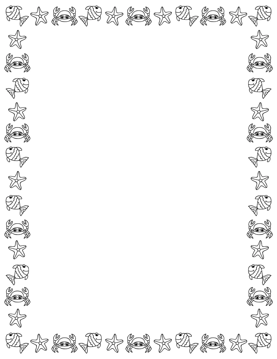 Blank ocean-themed page decorated with fish, crabs and starfish, leaving open space for a written or drawn opinion piece