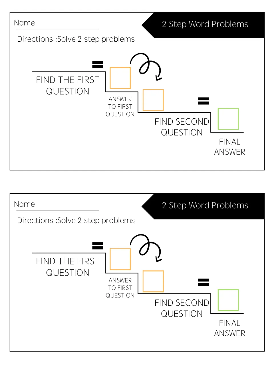 2 Step Word Problems color half sheets: students write the first question, its answer, the second question and final answer