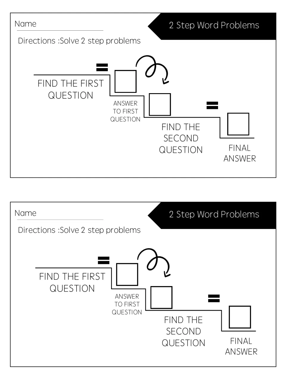 Black-and-white 2 Step Word Problems half sheets: solve one question, then carry its answer into the second