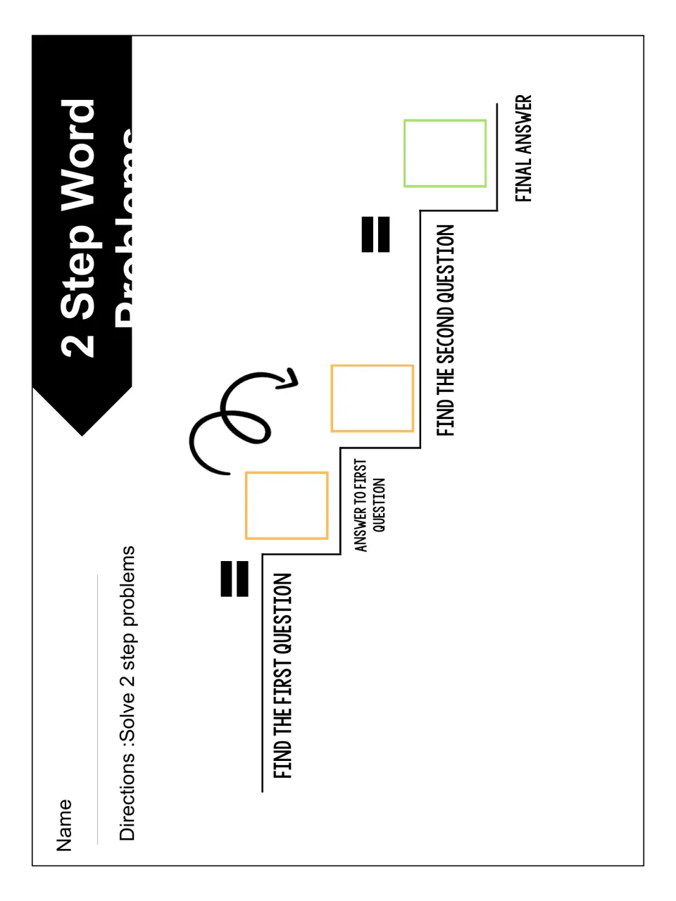 Color full-page two-step problem sheet in landscape: students record each question, its answer and the final answer