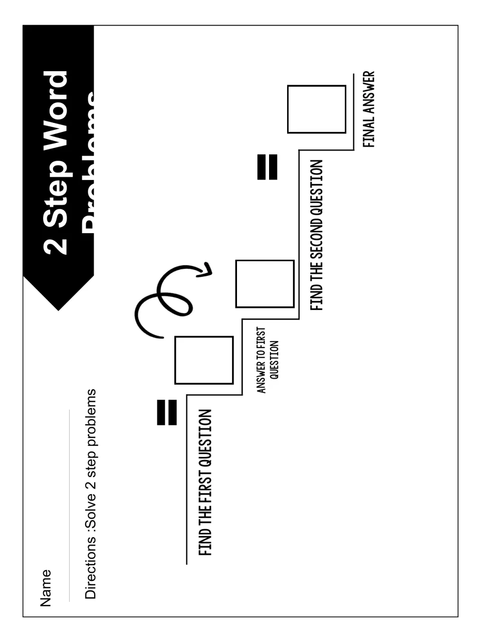 Black-and-white full-page two-step problem sheet in landscape: solve the first question, then use that answer to finish