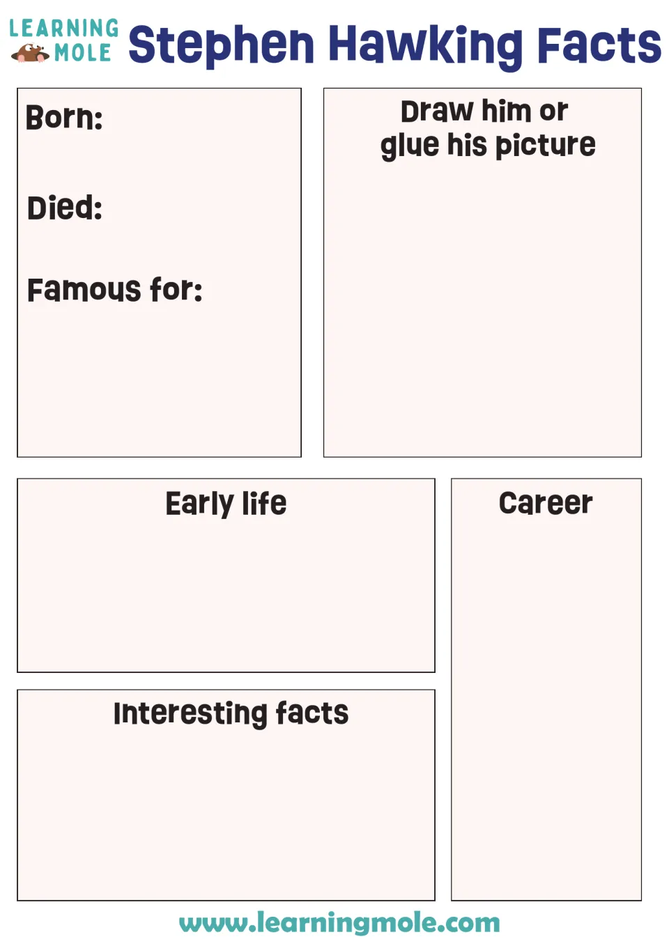 Stephen Hawking biography organizer: students record birth, death, fame, early life, career and facts, then draw him
