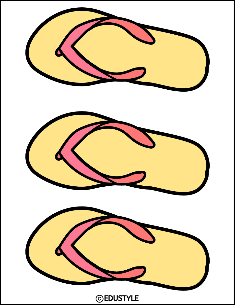 Summer decor cut-outs: three smaller yellow flip-flops with pink straps, lying sideways in a column for cutting out