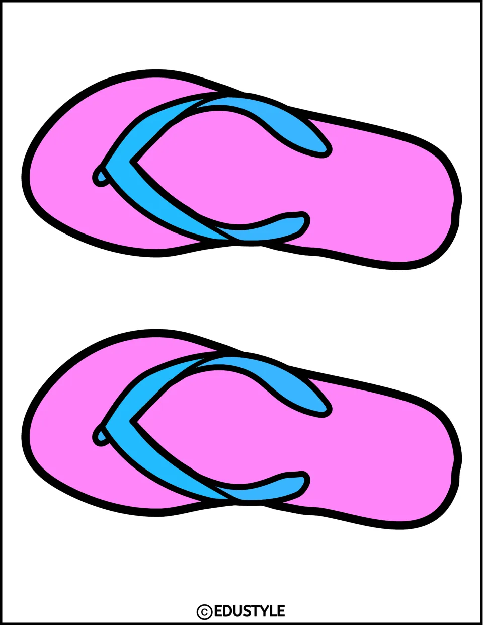 Summer decor cut-outs: two pink flip-flops with blue straps, turned sideways one above the other, to cut and arrange