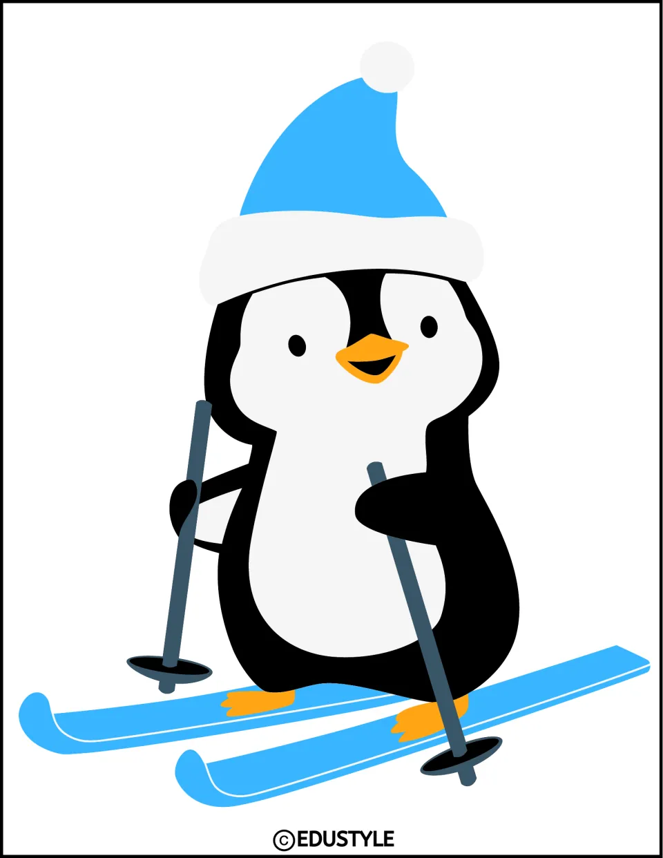 Whole skiing penguin decoration wearing a blue winter hat, with blue skis pointing left and dark poles