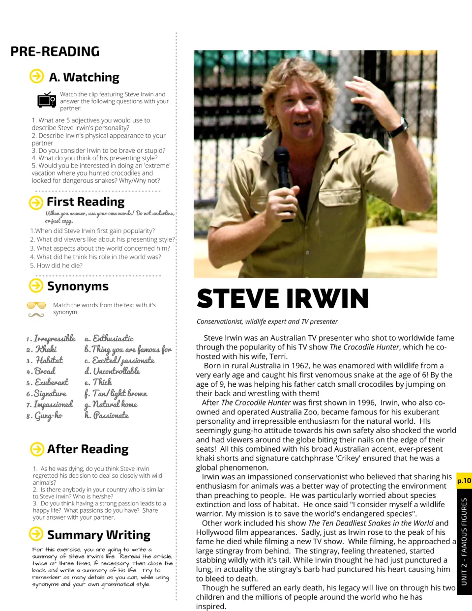Steve Irwin biography article: students answer video, reading and after-reading questions, match synonyms, write a summary