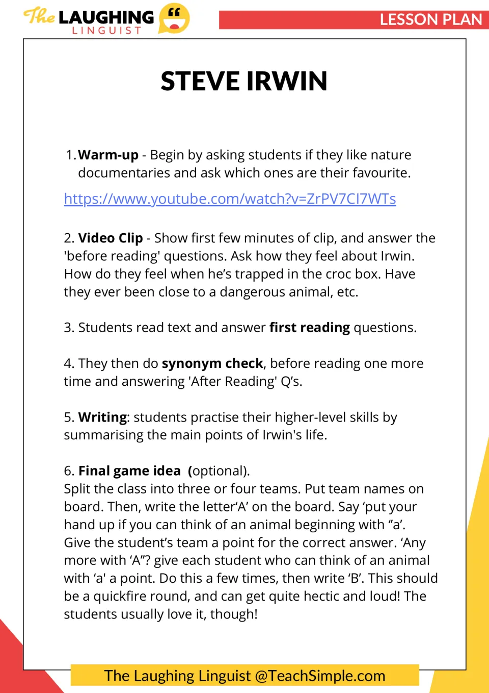 Lesson plan on Steve Irwin: warm-up on nature documentaries, video clip, reading steps, summary writing, animal letter game