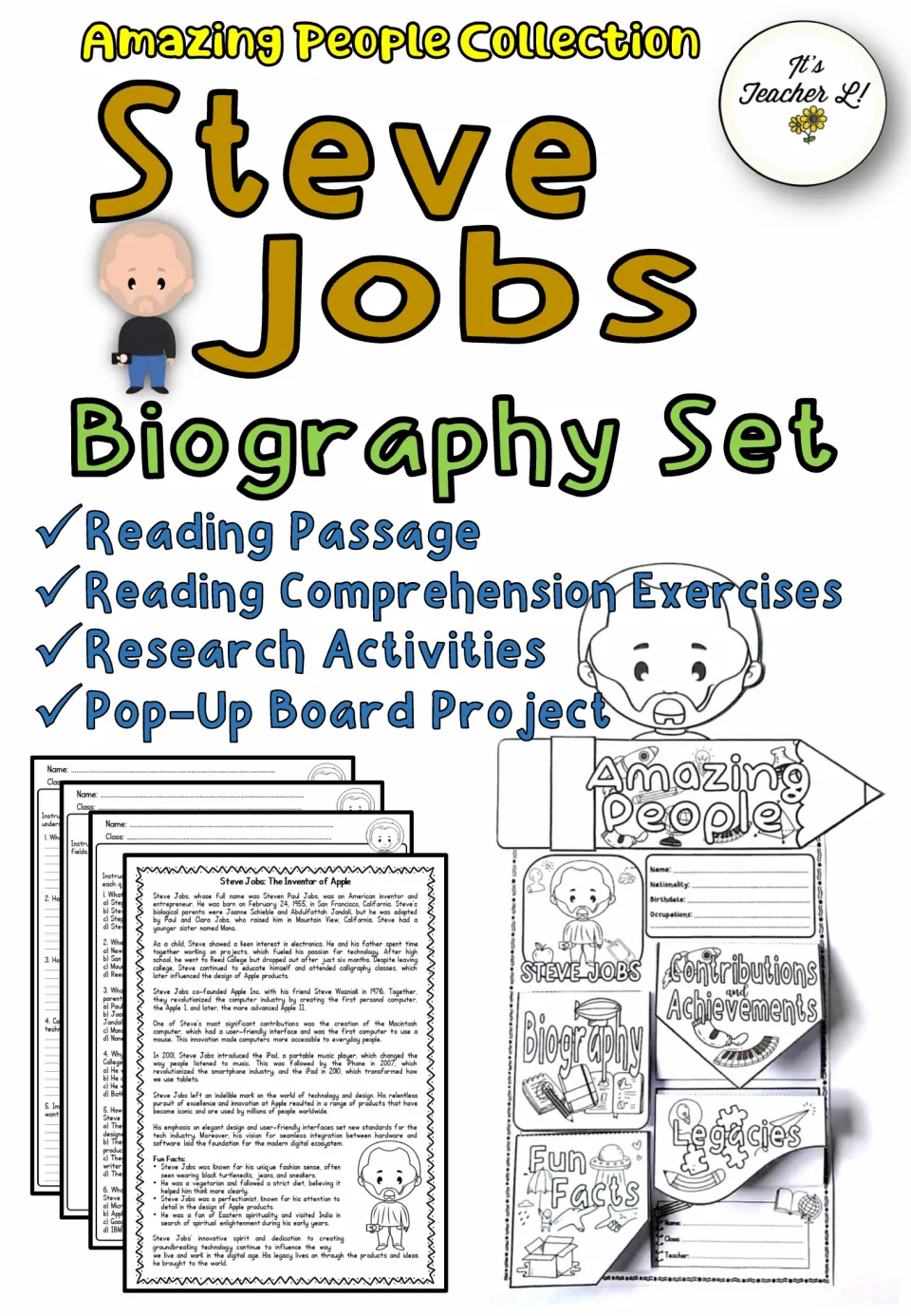 Steve Jobs biography cover lists a reading passage, comprehension exercises, research, and a pop-up board project.