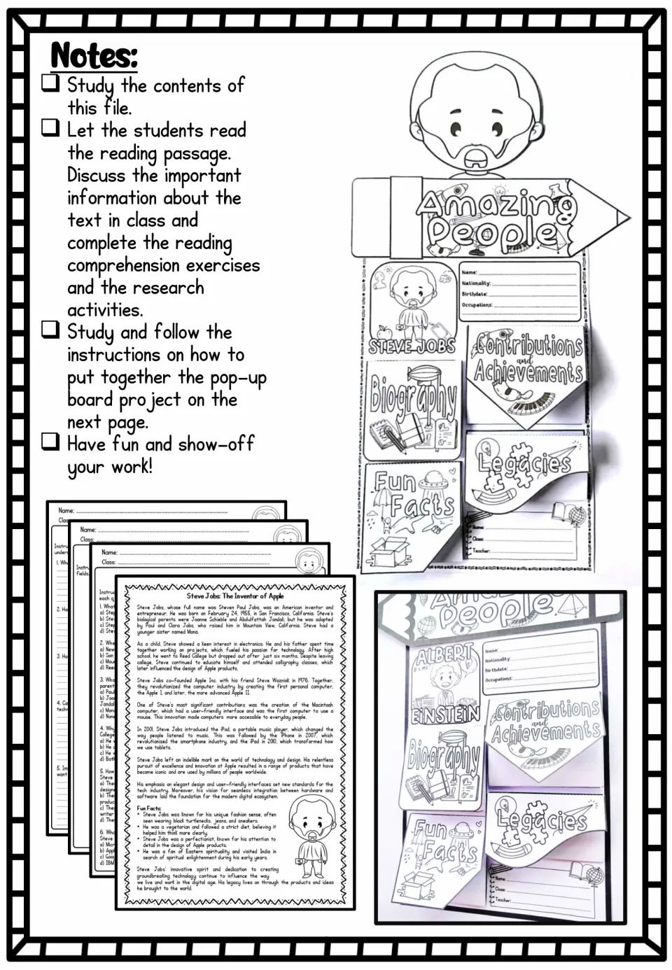 Teacher notes explain the sequence: read about Steve Jobs, discuss, complete activities, and assemble the board.