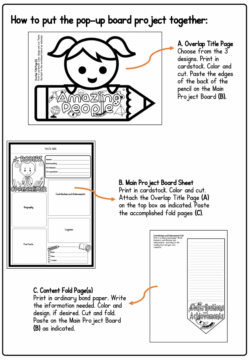 Pop-up board assembly instructions explain how to print, color, cut, fold, and attach the three project parts.