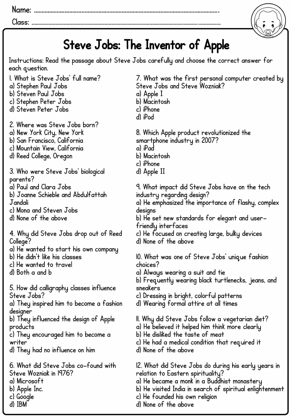 Twelve multiple-choice comprehension questions ask about Steve Jobs' family, education, Apple products, and habits.