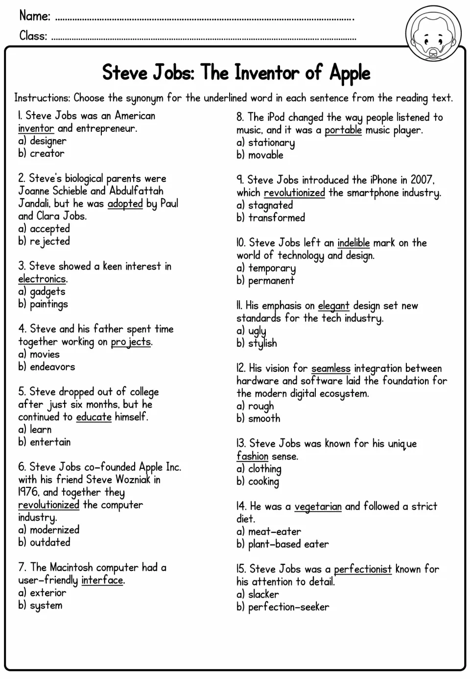 Steve Jobs vocabulary exercise asks students to choose synonyms for 15 words, including inventor and portable.