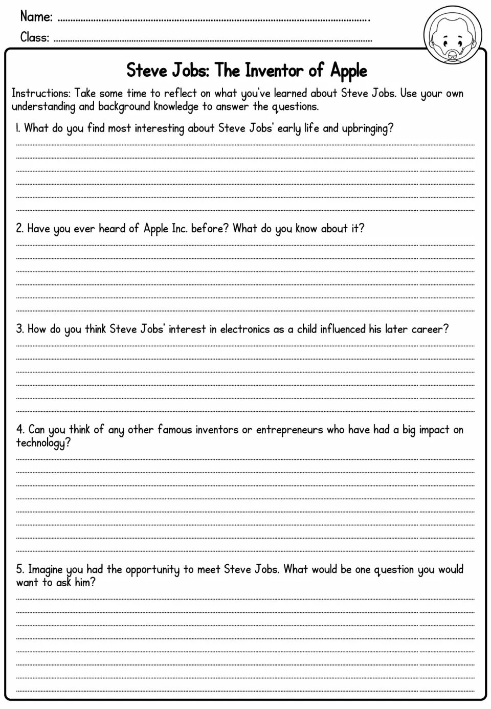 Steve Jobs reflection questions 1–5 ask about his early life, Apple, electronics, inventors, and what to ask him.