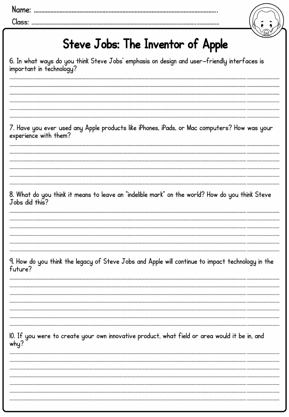 Steve Jobs reflection questions 6–10 cover design, Apple product experiences, his legacy, and a new product idea.