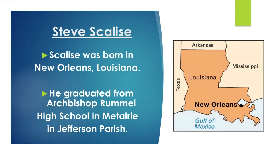 Biography slide on Scalise’s New Orleans birthplace and graduation from Archbishop Rummel High School