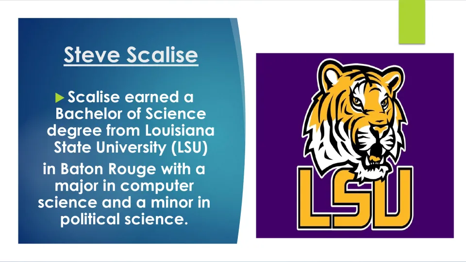 Biography slide on Scalise’s LSU Bachelor of Science degree, computer science major, and political science minor