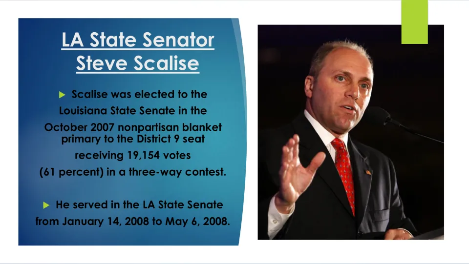 Career slide on Scalise’s 2007 Louisiana Senate District 9 victory with 19,154 votes and brief service in 2008