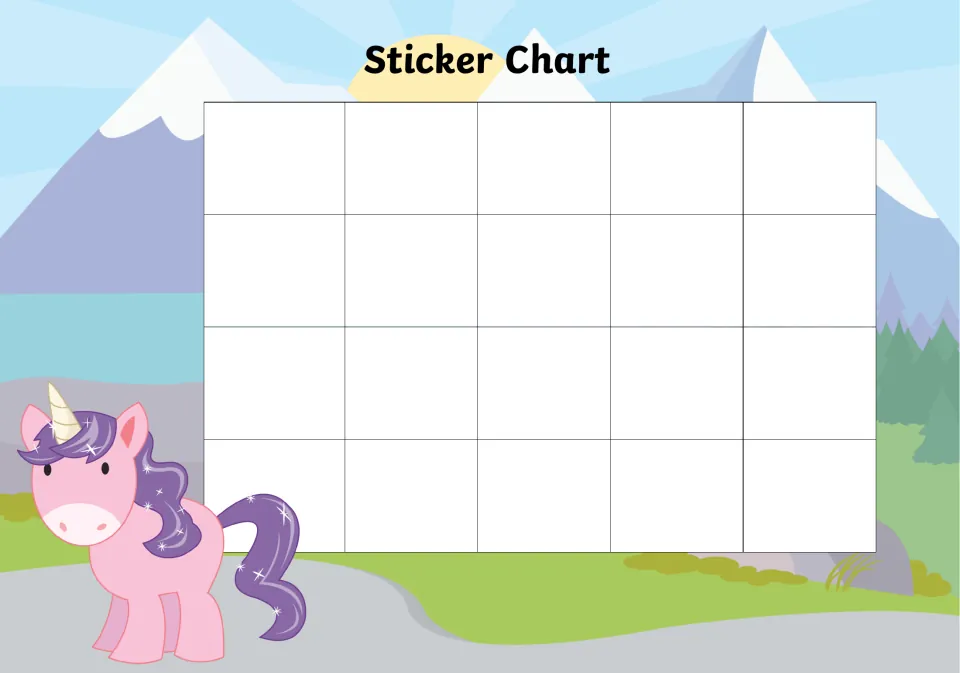 Unicorn-themed reward chart: children add a sticker to each of 20 spaces as they earn them, set by mountains and a lake