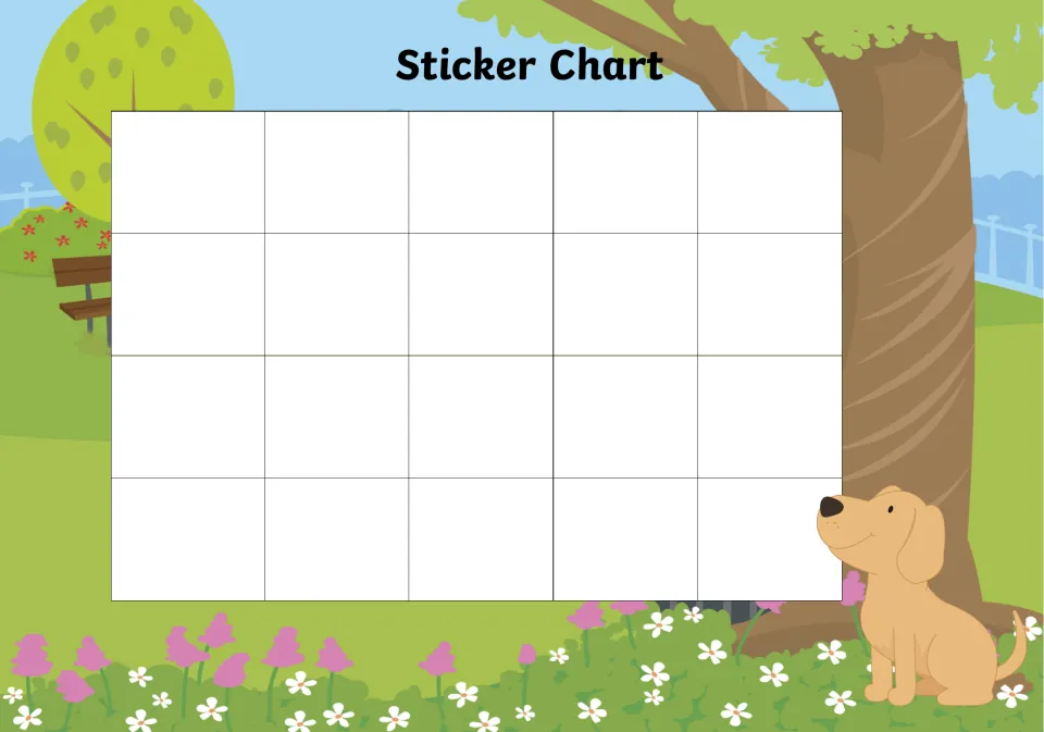 Puppy in a park reward chart: children fill 20 blank spaces with stickers earned, beside a tree, bench and flowers