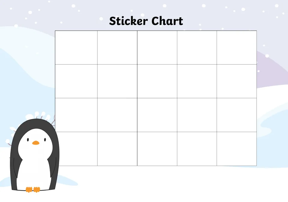 Penguin in the snow reward chart: children collect stickers in 20 blank spaces to record each success toward a goal