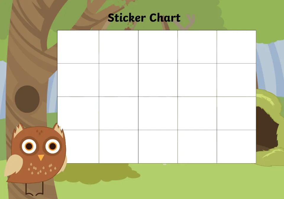 Woodland owl reward chart: children place a sticker in one of 20 blank spaces each time they reach their target